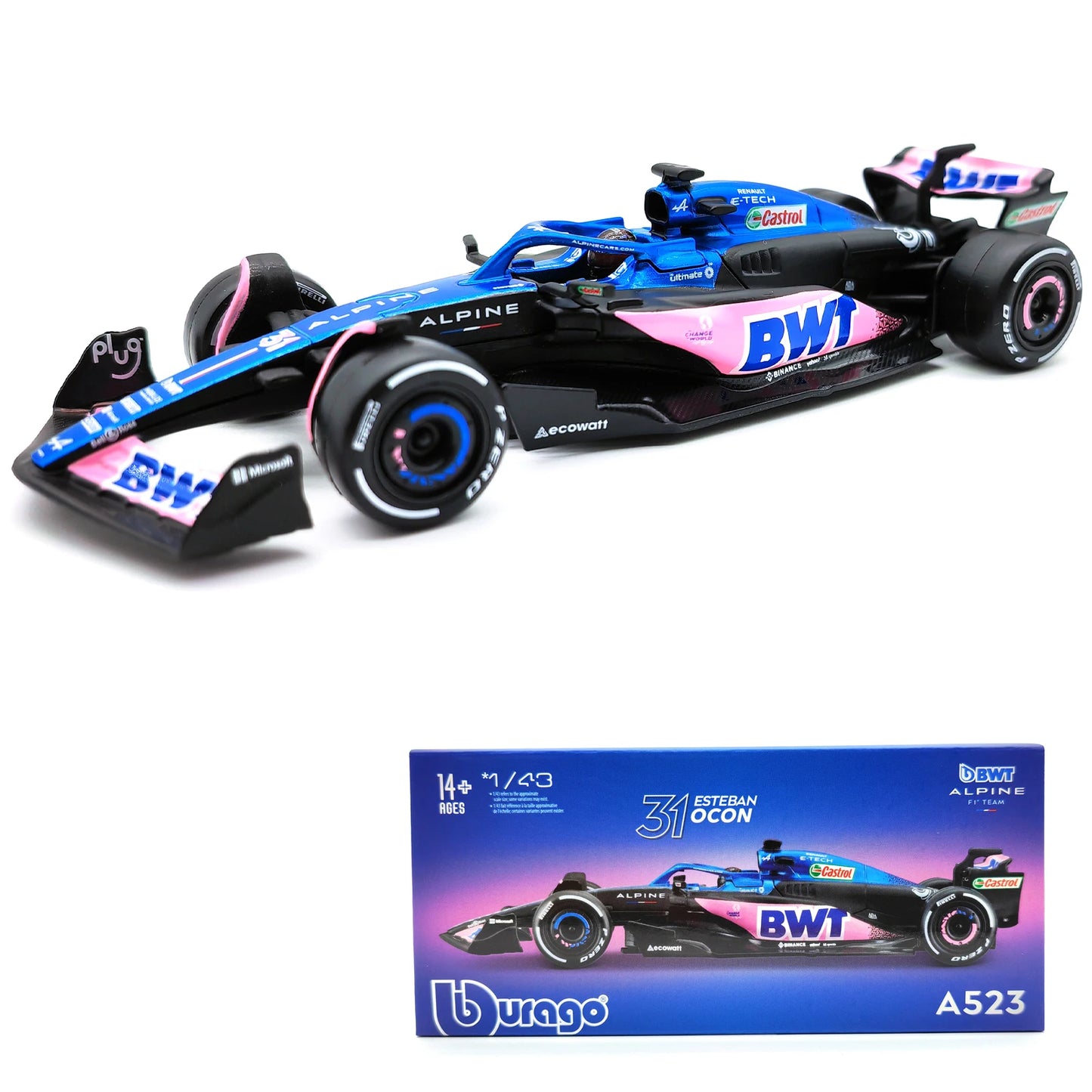 Bburago 1:43 BWT Alpine 2023 A523 F1 Formula Car Die Cast Vehicles Collectible Model Racing Toys Acrylic Box