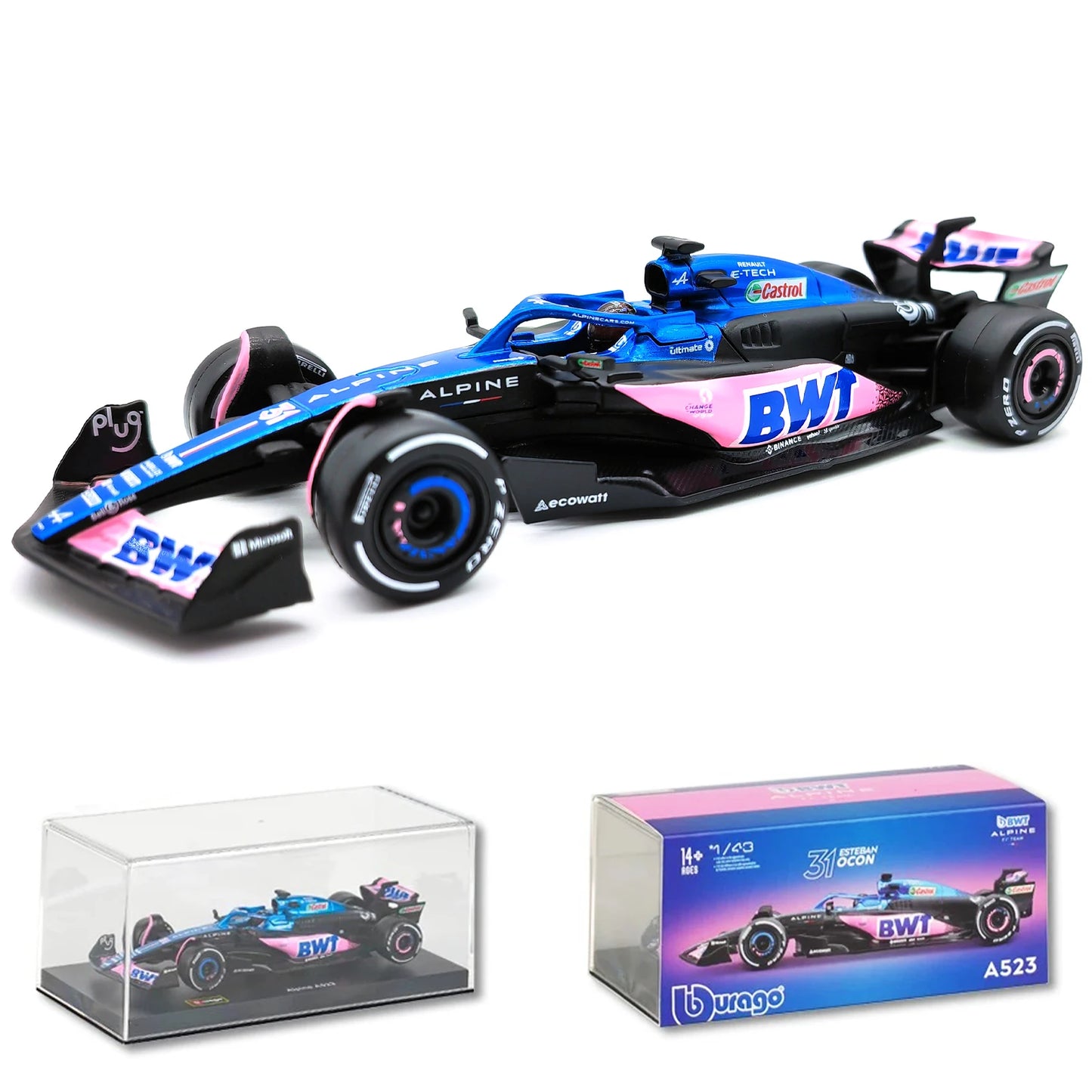 Bburago 1:43 BWT Alpine 2023 A523 F1 Formula Car Die Cast Vehicles Collectible Model Racing Toys Acrylic Box