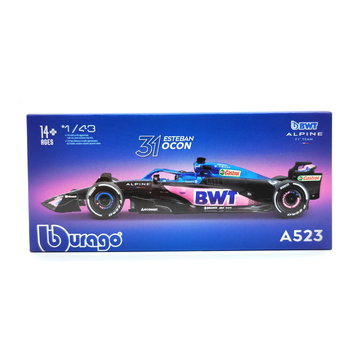 Bburago 1:43 BWT Alpine 2023 A523 F1 Formula Car Die Cast Vehicles Collectible Model Racing Toys Acrylic Box